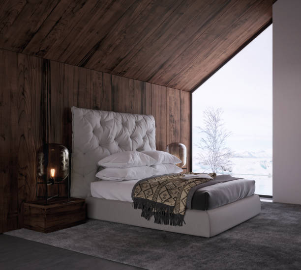 istock Modern Scandinavian bedroom design at cold hazy winter morning 1291467573