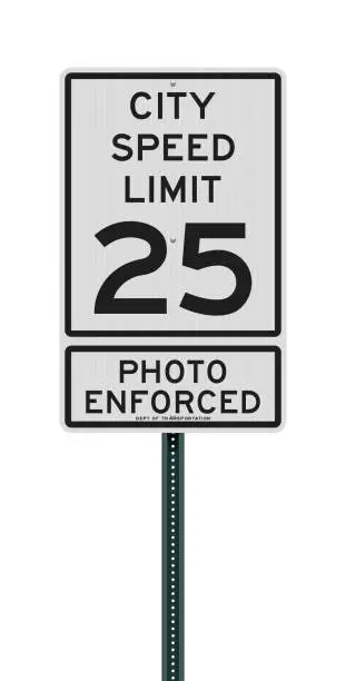 Vector illustration of City Speed Limit 25 Photo Enforced road sign