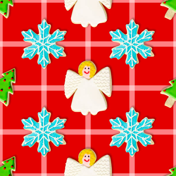 istock Christmas Tree, Blue Snowflake and Angel: Christmas Cookie Repeating Pattern Background Wallpaper 1291477700