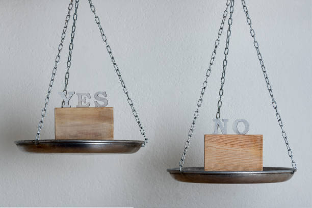 istock Mechanical weight scale with words Yes or No. Choice and decision concept 1291483425
