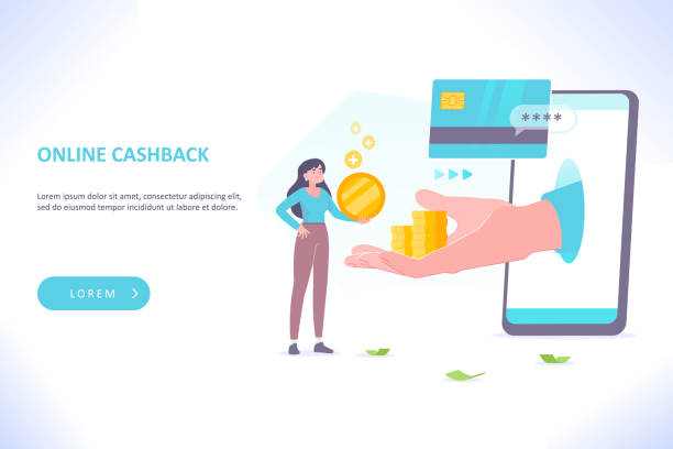 istock Online cashback concept. A hand holding coin stack comes out of smartphone screen, customer making payment with credit or debit card and earns cash back money, vector illustration 1291484083