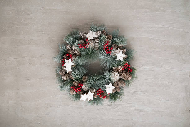 istock Christmas wreath on gray background. Winter Holiday pattern. Copy space. New Year 1291485355