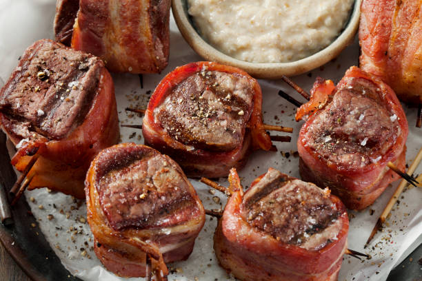 Bacon Wrapped Fillet Mignon Bites with a Creamy Horseradish Dip