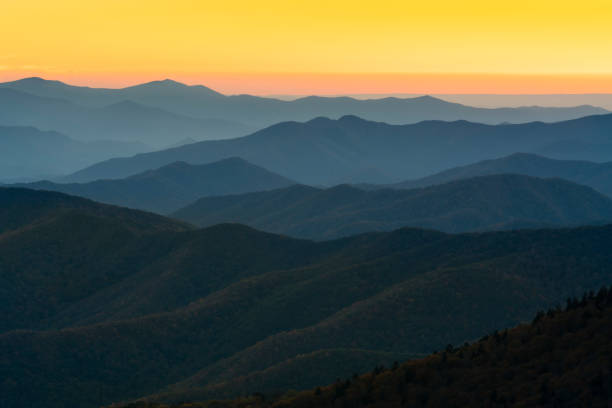Rolling Mountain Ridges at Sunset Appalachian Mountains at Sunset, Great Smoky Mountains National Park, Tennessee foothills photos stock pictures, royalty-free photos & images