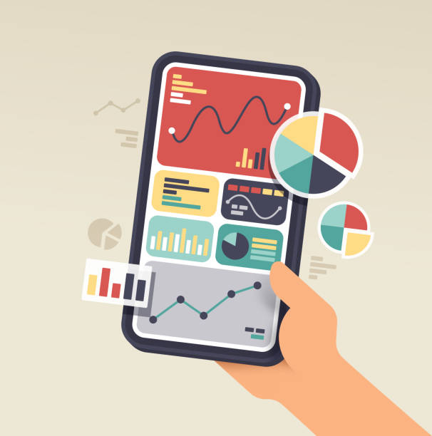 ilustraciones, imágenes clip art, dibujos animados e iconos de stock de teléfono de estadísticas de datos de dispositivos móviles - scrutiny analyzing finance data
