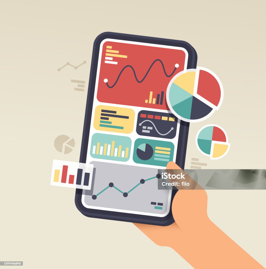 Mobile Device Data Statistics Phone Mobile telephone mobile device cell phone showing data and statistics dashboard held by a person in their hand. Data stock vector