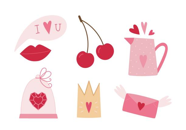 발렌타인 데이 벡터 핑크 세트의 붉은 입술, 체리, 골드 크라운, 날개봉투, 활, 파스텔 핑크 주전자가있는 유리 뚜껑에 하트 모양의 루비 보석. - cherry valentine stock illustrations