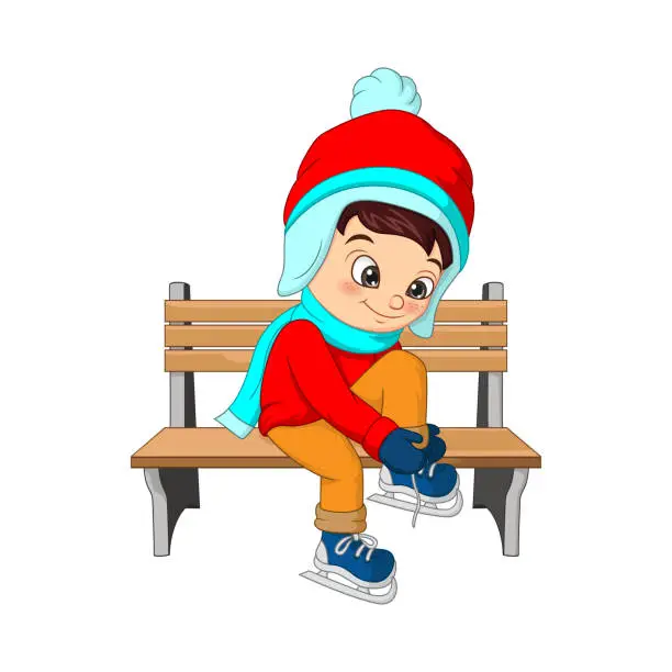 Vector illustration of Cute boy in winter clothes sitting on a bench, little boy tying his shoelaces