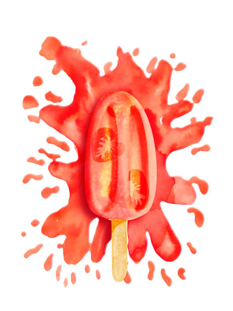 istock Watercolor bright strawberry popsicle on paint splash 1291506755