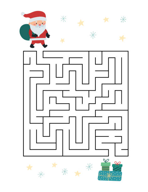 ilustrações, clipart, desenhos animados e ícones de jogo de labirinto de natal para crianças. ajude o papai noel a encontrar uma maneira de se apresentar - computer graphic child snowflake vector