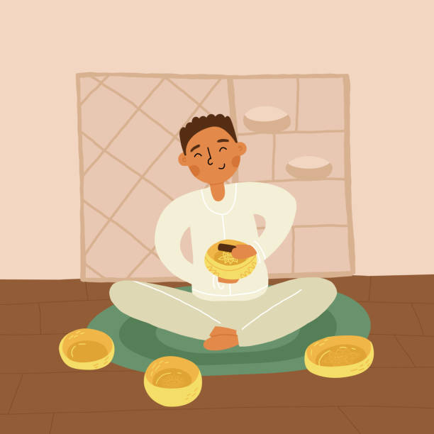 An Asian boy or young man do singing bowls healing therapy sitting on the mat, a lot of metallic bowls nearby. Vector illustration. An Asian boy or young man do singing bowls healing therapy sitting on the mat, a lot of metallic bowls nearby. Vector illustration. tibetan ethnicity stock illustrations