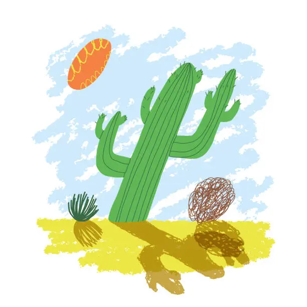 Vector illustration of Cute wild Mexican landscape scenery with a funny cactus and a tumble grass. Vector isolated illustration for card design, t-shirt print and other.