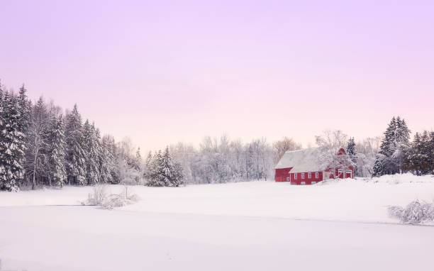 Winter Wonderland A beautiful red barn sits in a snowy landscape after a good Northern Maine snow storm laid a blanket of snow over the landscape. maine landscape new england sunset stock pictures, royalty-free photos & images