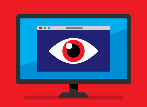 Vector illustration of a computer monitor with eye against a red background in flat style.