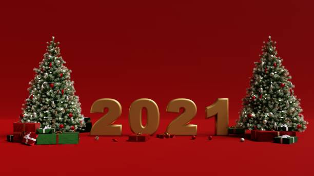 istock 2021 new year christmas tree and gift boxes red background 3d rendering 3d render cgi 1291509531