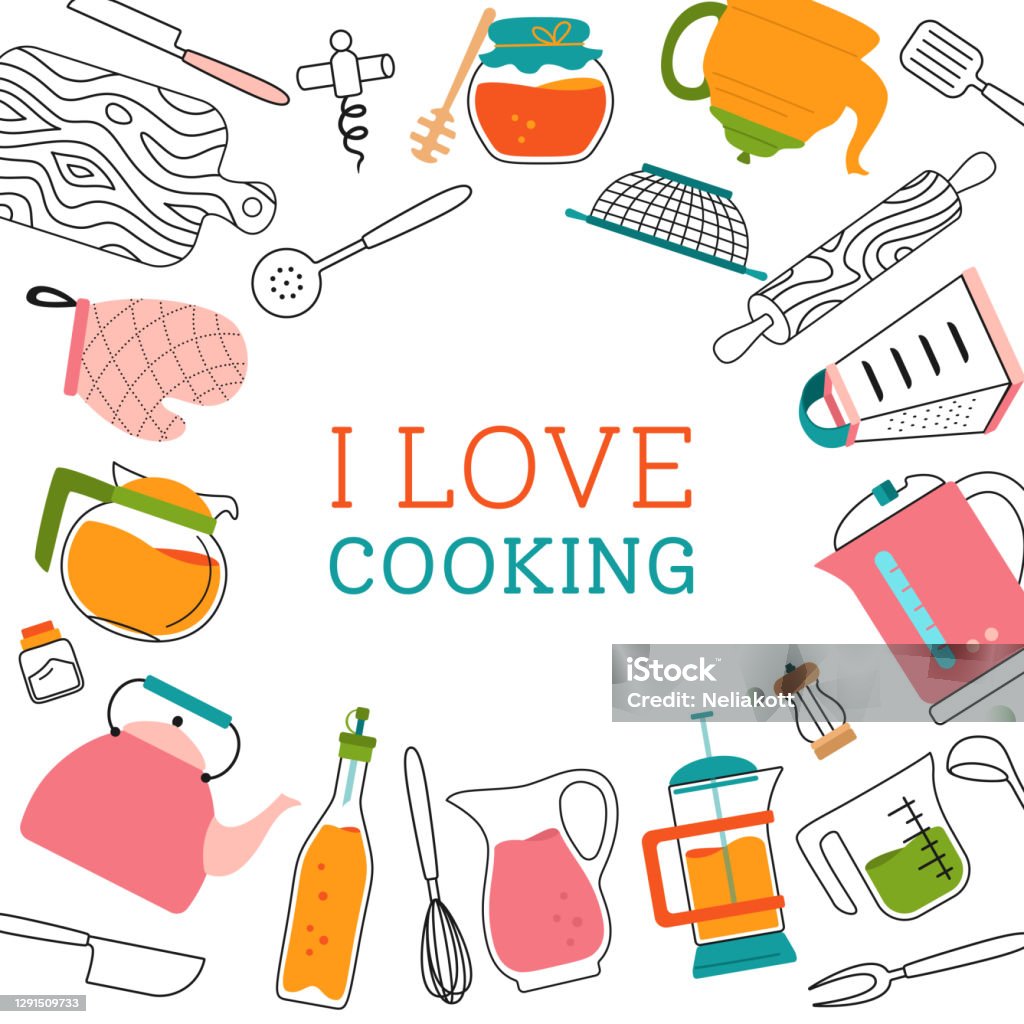 Cooking Kit Cartoon Kitchenware Line Cartoon Card Love Cook Flat Tool Stock Illustration ...
