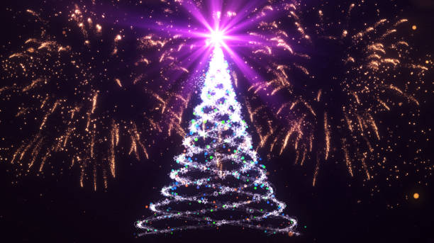 istock Merry Christmas, Happy Holidays Card - Christmas Tree Shape Made from Bright Spiralling Light on a Dark Background. illustration. 1291509825