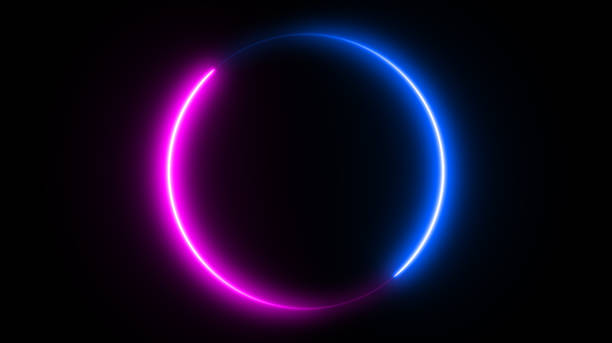 istock Neon circle shape or laser glowing pink and blue lines.  Retrowave style wallpaper with copyspace.  illustration of realistic mockup, template for game design, night club logo. 1291509836