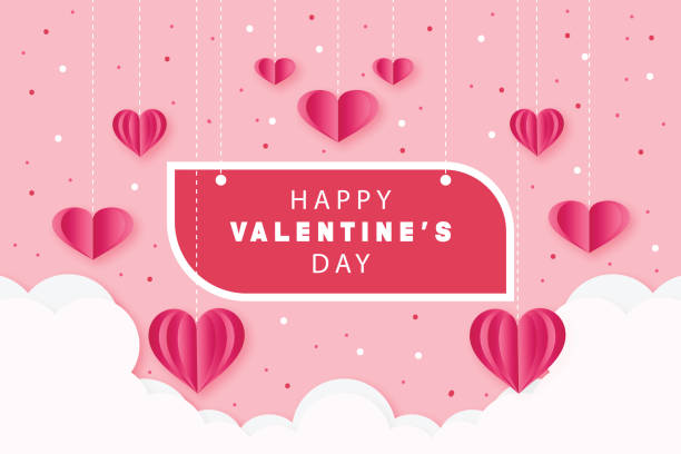 Happy valentines day greeting background in papercut realistic style. Paper clouds India, USA, Valentine's Day - Holiday, Sale, Heart Shape, Banner - Sign, Cloud - Sky Valentines Day Images stock illustrations