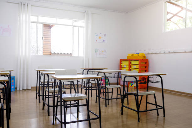 istock empty kids classroom with desks and chairs 1291523533