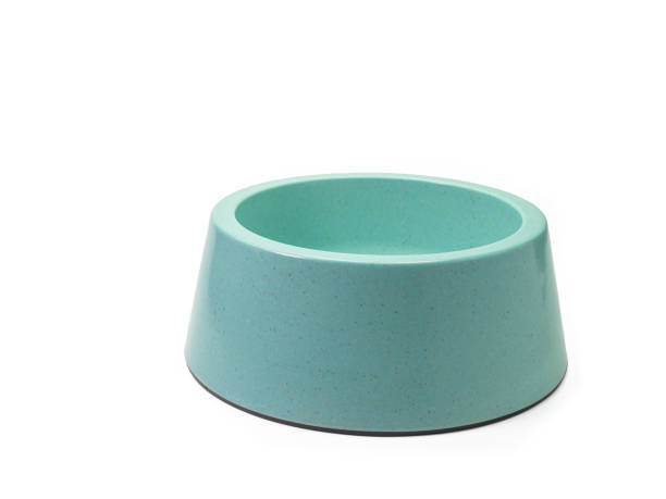 The empty blue green plastic dog bowl, pet equipment isolated The close up of empty blue green plastic dog bowl, pet equipment isolated on white background. dog bowl photos stock pictures, royalty-free photos & images
