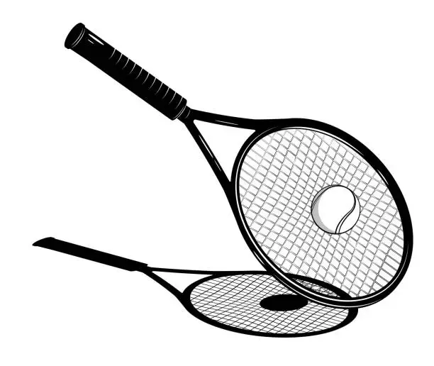 Vector illustration of tennis racket bounces sports tennis ball after strong, accurate serve from an opponent. Sport competitions. Contrast black and white vector
