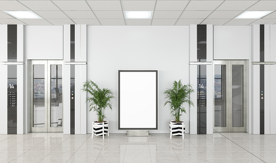 Modern Office Or Hotel Entrance With Blank Billboard, Potted Plants And Elevators.