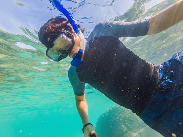 istock young men snorkeling exploring underwater coral reef landscape background in the deep blue ocean with colorful fish and marine life 1291531991