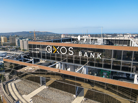 Aerial view of Axos office building in University City large residential and commercial district, San Diego, California, USA. December 1st, 2020