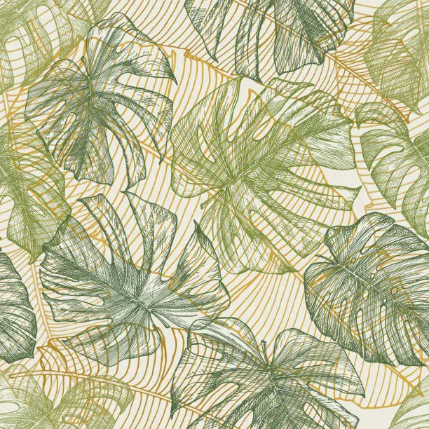 Vector illustration of Tropical palm leaves, seamless pattern with hand-drawn jungle leaf outlines.