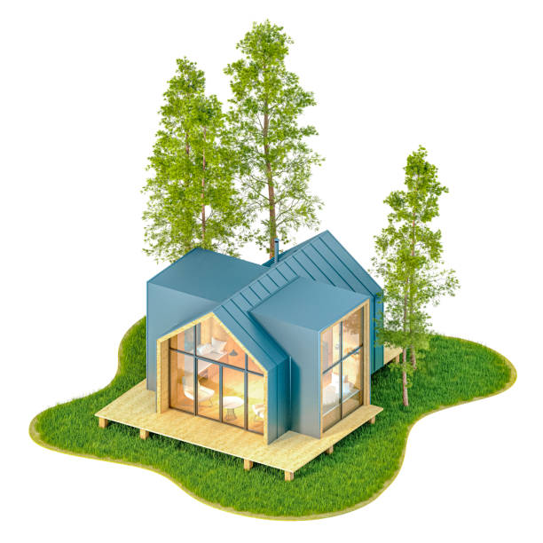 istock Top view modern small white frame tiny house in the Scandinavian style barn with an orange roof on an island with a green lawn and fir trees. 3D illustration on a white background, isolated 1291536419