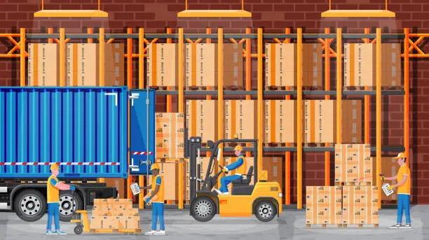 Vector illustration of Warehouse shelves with boxes and mover