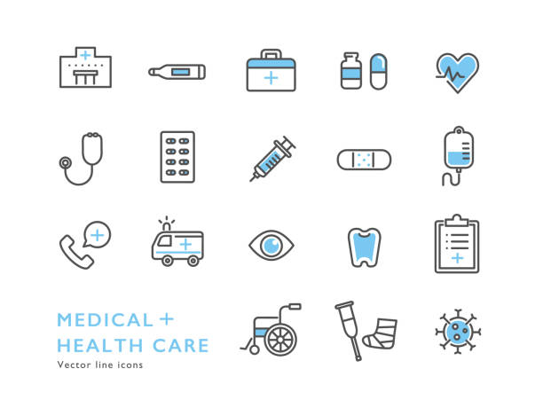 ilustraciones, imágenes clip art, dibujos animados e iconos de stock de conjunto de iconos de atención médica - medicina de emergencia