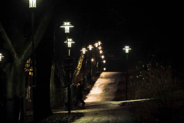 Stockholm, Sweden A person walks alone at night on a wooded path