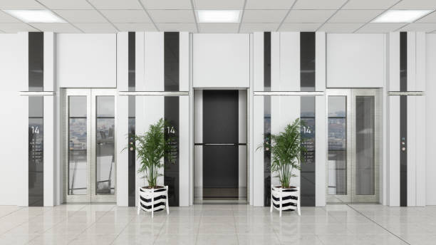 istock Modern Office Or Hotel Entrance With Open Elevator Door And Potted Plants. 1291539134