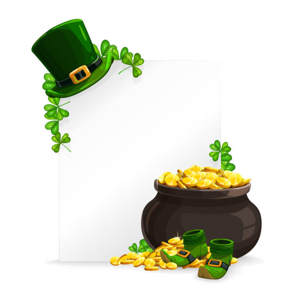 illustrazioni stock, clip art, cartoni animati e icone di tendenza di striscione del giorno di san patrizio con oro leprechaun - leprechaun st patricks day cartoon luck