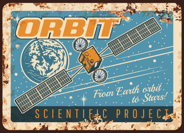 Satellite on orbit vector rusty metal plate. Scientific program with sputnik flying from Earth to stars vintage rust tin sign. Interplanetary investigation project, outer space research retro poster