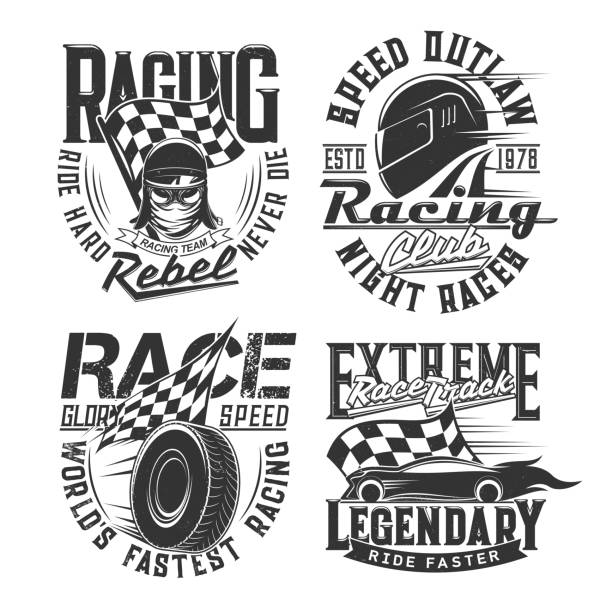 Car racing club, motorsport team t-shirt prints Car racing club, motorsport team t-shirt retro prints. Car or motorcycle race driver, racer modern and vintage helmet, goggles, checkered flag and tire engraved vector. Racetrack driver clothing print vintage tire stock illustrations