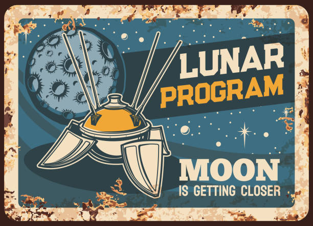 Lunar program vector rusty metal plate, satellite with antennas on moon orbit vintage rust tin sign. Retro poster with sputnik, cosmic investigation. Cosmos outer space exploration, Lunar mission
