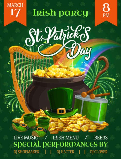 st. patricks day party vektor flyer cartoon poster - day patricks st patricks day clover stock-grafiken, -clipart, -cartoons und -symbole