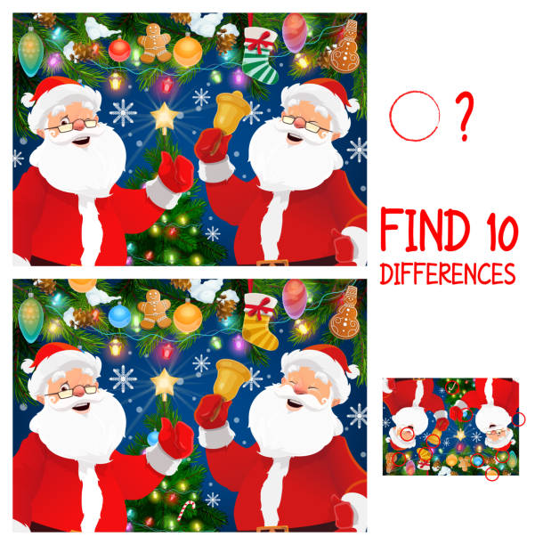 Christmas game of find differences with Santa Christmas vector game of find or spot differences with Santa cartoon characters. Children education mind game, puzzle or worksheet template with Claus, Christmas tree and bell, Xmas stocking and snow multiple christmas trees stock illustrations