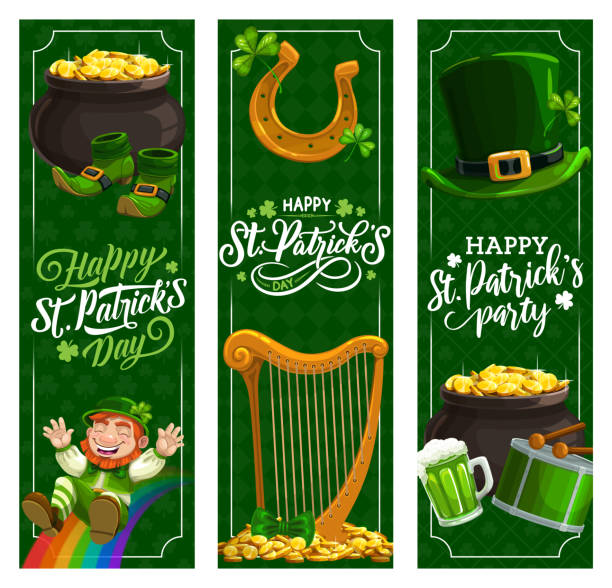 St. Patricks Day banners or Irish religion holiday St. Patricks Day Irish holiday vector banners. Patricks Day green beer, hat and clover leaves, leprechaun treasure pot with gold coins, lucky horseshoe and shamrock, rainbow, Spring Fest drum, harp leprechaun hat stock illustrations