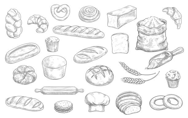 Bakery and pastry shop products vector sketch Bakery and pastry shop products sketch vector set. Wheat and rye bread, loaf, challah and baguette, croissant, pretzel and bagel, muffin, cupcake and cookie, rolling pin, toque and flour sack vector toque stock illustrations