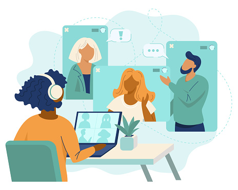 Online video conference, video call to friends or colleagues. The concept of remote work, online communication. Vector illustration isolated on a white background.