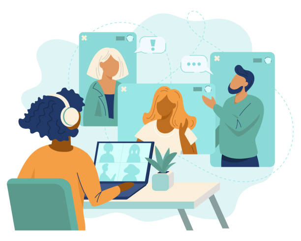 Online video conference, video call to friends or colleagues Online video conference, video call to friends or colleagues. The concept of remote work, online communication. Vector illustration isolated on a white background. video meeting stock illustrations
