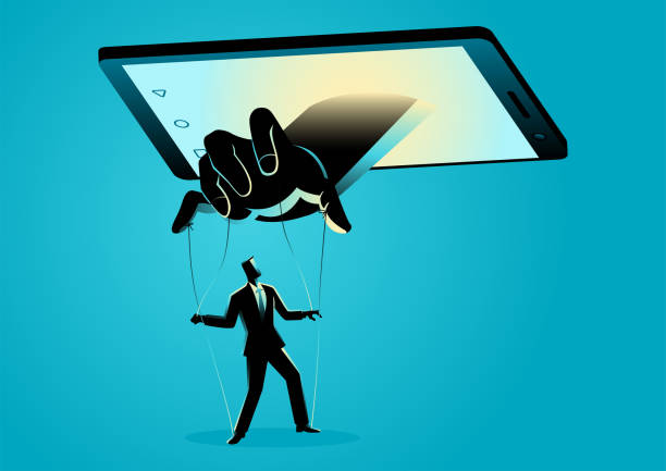 Smart phone controlling man Vector illustration of smart phone controlling man. Social media, gadget, technology dependency concept hoax stock illustrations
