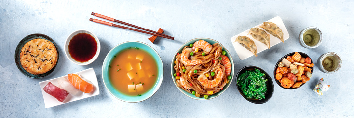 Japanese food panorama. Various dishes of Japan, overhead flat lay shot