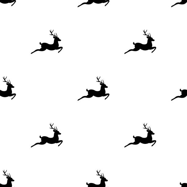 бесшовный охотничий узор с черным силуэтом прыгающих оленей с рогами. - moose animal head hunting humor stock illustrations