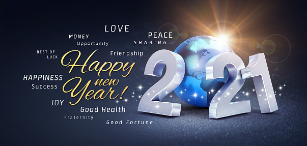 Happy New Year greetings, best wishes and 2021 date number, composed with a blue planet earth, on a festive black background, with glitters and stars - 3D illustration