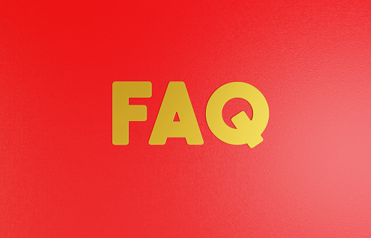 Golden FAQ symbol on a red background. Horizontal composition with copy space.